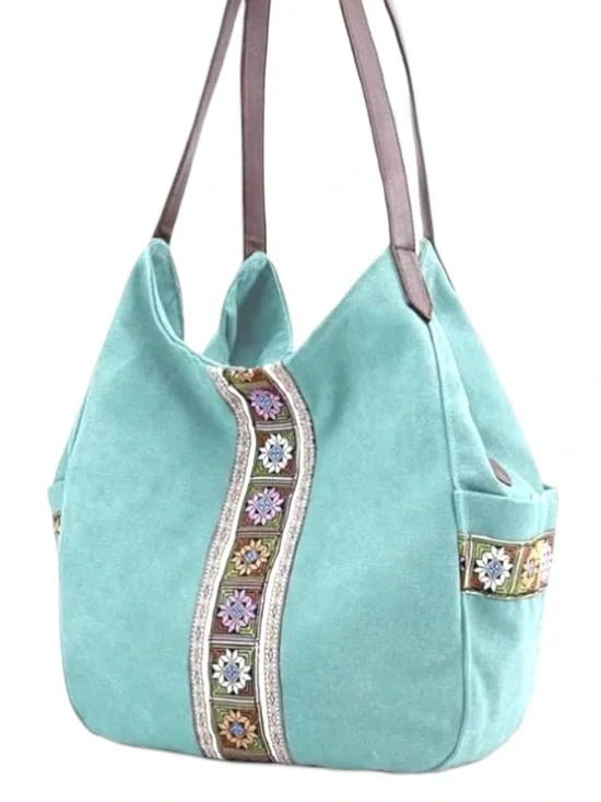 Bohemian Embroidered Tote Bag w/ side pockets Aqua Turquoise color NWT - Picture 3 of 4
